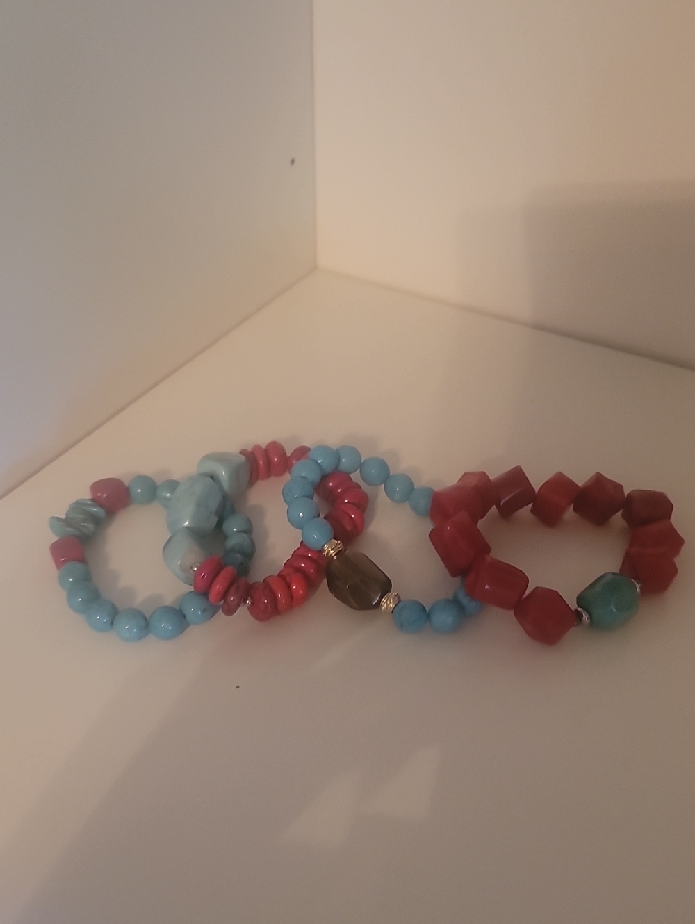 Set of Four Beaded Stretch Bracelets - Turquoise & Coral